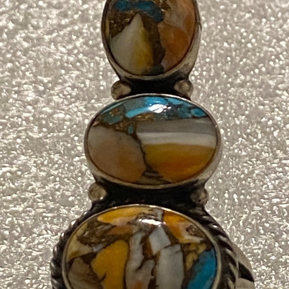 Dramatic 5 Stone Sterling Ring - Orange Spiny - Kingman - Size 9 - Picture 14 of 15